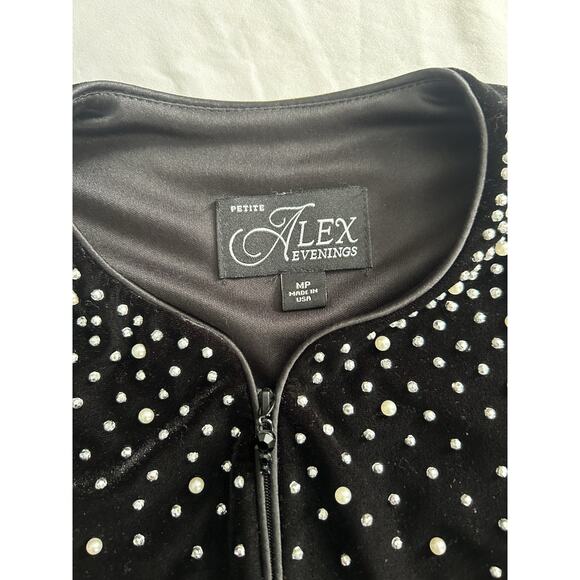 Alex Evenings Pearl Rhinestone Velvet Blazer Womens Size MP Black Classic Event - Picture 3 of 6
